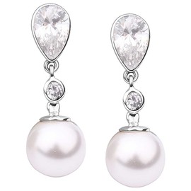 Nenalina Silver women's stud earrings with shell pearls 10 mm and zirconia in teardrop shape 9 mm, 925 sterling silver, long earrings for women, 222299-050, Silver, Cubic Zirconia