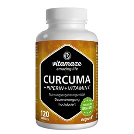 High-Dose Turmeric + Piperine Curcumin + Vitamin C Capsules Vegan - 120 Capsules for 6 Weeks - Quality Product Made in Germany without Magnesium Stearate 1