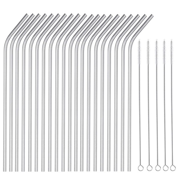 OKGD 25 Piece Set Stainless Steel Straws Long 8.5 Inch Drinking Metal Straws Reusable Drinking Straws for 20 OZ (20 Bent|5 Brushes)