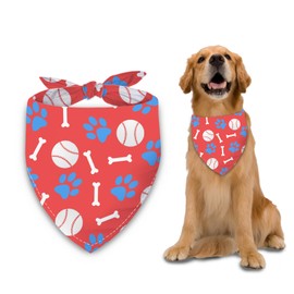 liboom - Baseball Dog Bandana Washable Pets Scarf Triangle Adjustable Handkerchief, Double Sided Printing, Red, Blue Paw Bone (Large)