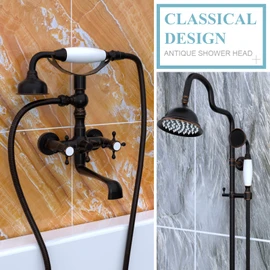 Oil Rubbed Bronze Vintage Telephone Handheld Shower Spray Ceramic Handle with 59inch Flexible Hose, Antique Brass Shower Head Clawfoot Tub Showerhead Replacement, No Wand Holder