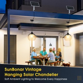 SunBonar Vintage Hanging Solar Chandelier, Dimmable 2700K Shed Lights Indoor/Outdoor with Remote & Timer & On/Off Switch, Attractive Pendant Lantern for Garden, Yard, Barn, Patio, Porch, Gazebo