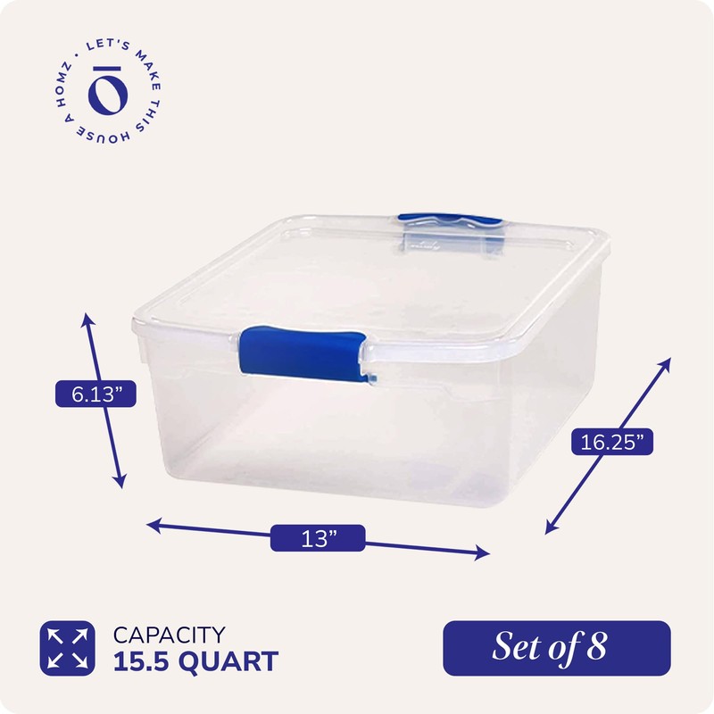 HOMZ Secure Latch, Clear Plastic Storage Organizer Bins, 15.5 Quart,