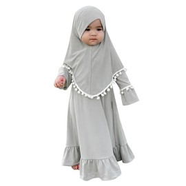 FYMNSI Baby Girl Prayer Clothing Muslim Dress Abaya Maxi Dress with Hijab Toddlers Newborn Islamic Prayer Dress Ramadan Kaftan Dubai Outfit Plain Two Piece, gray