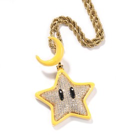 ICEDIAMOND 14K Iced Out Luminous Smile Star Pendant Chian Necklace, Gold-Plated Full Bling Cubic Zirconia Urban Charm Jewellery for Unisex, Brass, Cubic Zirconia