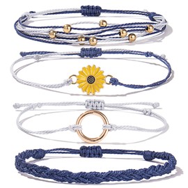 FANCY SHINY Sunflower String Bracelet Handmade Braided Rope Charms Boho Surfer Bracelet for Women(Navy Blue)