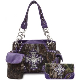 Cowgirl Trendy Camouflage Cross Western Style Studded Handbag Concealed Carry Purse Country Women Shoulder Bag Wallet (#3 Purple Set)