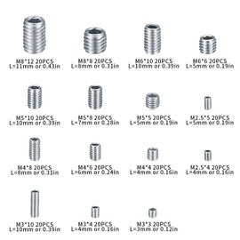 Hafeehoo 300 Stck Madenschrauben Set, Gewindestifte Inbusschraube Sortiment Kit, M2.5 M3 M4 M5 M6 M8 Sechskantkopf Schrauben mit Inbusschlsseln fr Trgriff, Trklinke, Halterung (Silver)