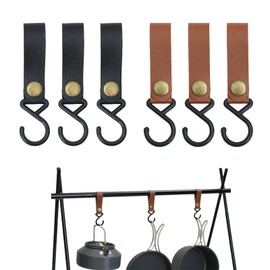 UZYXC Pack of 6 Hooks for Clothes Rail, Coat Hooks, Leather Black Butcher Hooks for Hanging, for Kitchen, Bathroom, Bedroom, Wardrobe and Camping