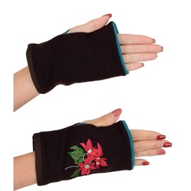 SANDAI [Sandai] Cute Flower Embroidered Wool Mitaine Fingerless Gloves, Poinsettia, Holly, Dandelion, Violet, Made in Japan, Poinsettia (brown x green)