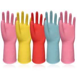 Orerered Orerered Kitchen Dishwashing Gloves - 5 Pairs Colorful Rubber Cleaning Gloves Reusable for Household Washing Dishes Cleaning Gardening, Non-Slip Water Resistant Dish Gloves for Women Men Medium