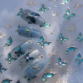 Butterfly Nail Sticker for Nail Art Blue Green Ombre Nail Art Stickers 5D Embossed Rhinestone Design Supplies Jelly Butterfly Stickers for Nails Manicure Decorations