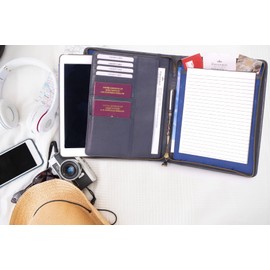 Catwalk Collection Handbags - Women's Leather A5 Conference Folder - Zip Travel Document Holder - Fits Tablet and Business Cards - Angela - Blue