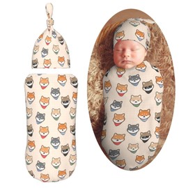 Muishi Cute Shiba Inu Japanes Dog Newborn Swaddle Blankets Hat Sets Soft Baby Receiving Blanket Swaddle Sack for Baby Shower Infant Boy Girl Gift
