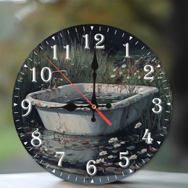 10-Inch Silent Wooden Wall Clock, Antique Tub Garden Clock Floral Setting ” Silent Non-Ticking Clock, Battery Operated (AA Batteries Not Included), Artistic Home Decor