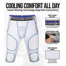 Exxact Sports Combat 7-Pad Youth Football Girdle with Cup Pocket, Padded Compression Shorts with Integrated Pads, Boys Girdle Football (YM, White Combat)