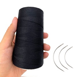 Atimiaza Thick Polyester Thread for Wig Making & Hair Extension Sewing, Black, 3 Pcs Curved Needles