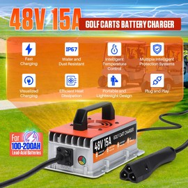 48 Volt Golf Cart Battery Charger for RXV TXT EZGO, 15AMP 48v Golf Cart Charger IP67 Waterproof Fully Automatic Smart Trickle Charging with 16Ft Cable, for Lead-Acid Batteries