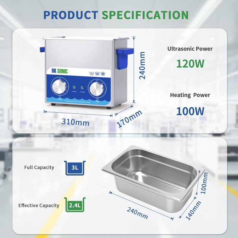 DK SONIC Ultrasonic Cleaner,3L 120W Ultrasonic Jewelry Cleaner with Heater&