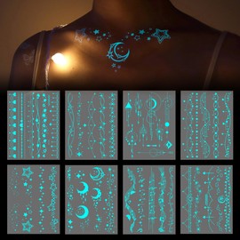 Fssqii Blue Luminous Temporary Tattoos Glow in the Dark Music Festival Moon Tattoos Waterproof Planet Star Fake Tattoo Sticker for Women Men Face Body Arm Party Cute Skin Tattoo Decorations
