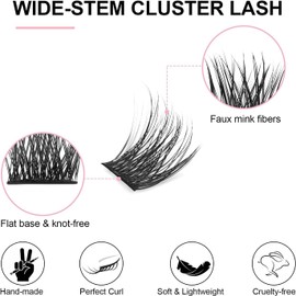 KISSXIAOYA Cluster Eyelash Extensions, Pack of 144 D Curl 9 mm Length Wide-Stem Eyelashes, DIY Individual Eyelash Extensions at Home, Natural & Soft False Eyelashes (9 mm, 144 Pieces D Curl)