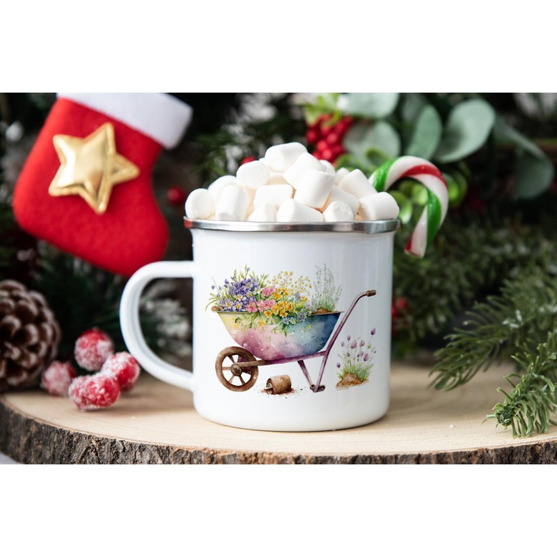 MAXIKIWI Langlebige Emaille-Kaffee- oder Tee-Camping-Tasse für drinnen und draußen, Frühlings-Schubkarre,