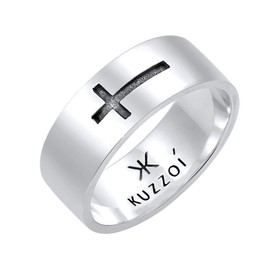Kuzzoi 0610890620 Men's Band Ring with Cross Motif 925 Sterling Silver, Wide Silver Ring (8 mm) in Edged Design, Wide Ring for Men with Cross Oxidised, Ring Size 60 - 66, Sterling Silver