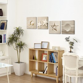 Canvbay Coastal Seashells Canvas Wall Art Conch Shell on Beach Sand Giclee Print Ocean Theme Starfish Picture Rustic Nautical Artwork for Bathroom Bedroom Decor Ready to Hang 12x12inchx4pcs