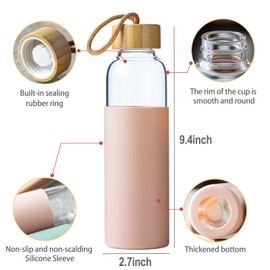 wangsdjy 21oz Glass Water Bottle with Silicone Sleeve & Bamboo Lid, BPA Free Reusable Water Bottle Glass for Gym Office Travel, Gift for Fitness Enthusiasts (Pink)