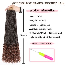 18 Inch Goddess Box Braids Crochet Hair with Curly Ends 8 Packs Pre-looped 3X Goddess Braids Hair Extensions Synthetic Bohemian Box Braiding Hair for Women (15Strands/pack T30#)