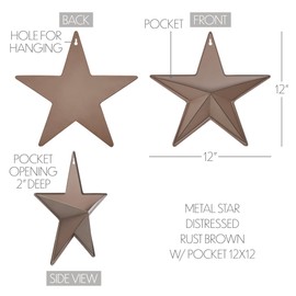 VHC Brands Patriotic Metal Star Distressed w/Pocket 12x12, Independence Day Decor, Decorative Wall Hanging, Rustic Farmhouse Decorations, Rust Brown, Black