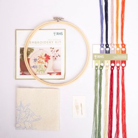 RHS The Royal Horticultural Society Embroidery Hoop Decoration Kit, Bold Bouquet, 8" Multicoloured, Includes Bamboo Embroidery Hoop, Printed Fabric, Embroidery Threads, Needles, Threader, Instructions