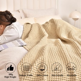 PHF 480GSM 100% Washed Cotton Waffle Weave Blanket, Cozy Breathable Skin-Friendly Throw Queen Size for All Season, Luxury Fall Layer Bedspread for Couch Bed Sofa,Elegant Home Decor,Beige, 90"x90"