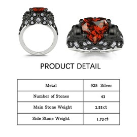 Jeulia 2.55ct Skull Engagement Ring Sets Sterling Silver Heart Cut Red Diamond Ruby Rings Cubic Zirconia Wedding Promise Anniversary Romantic Jewelry for Women Grils Bridal with Gift Box, silver,