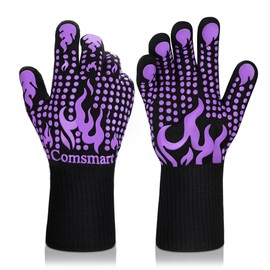 Comsmart BBQ Gloves, 1472 Degree F Heat Resistant Grilling Gloves Silicone Non-Slip Oven Gloves Long Kitchen Gloves for Barbecue, Cooking, Baking(Purple)