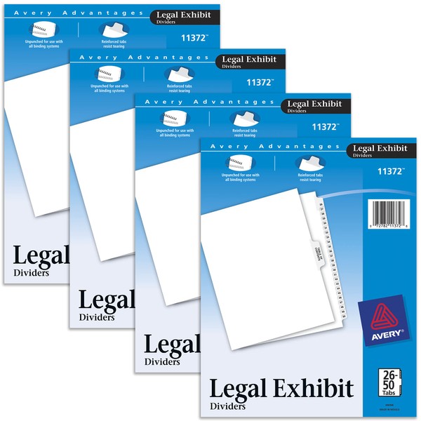 Avery Legal Exhibit Binder Dividers, Preprinted 26-50 and Table of Contents Side Tabs, Unpunched Letter Size, 1 Set Collated, 4 Sets per Pack (11372)