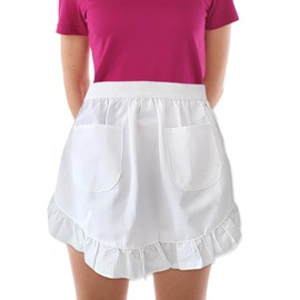 XMNIVATE 1 Piece White Apron, Solid Color Half Apron, Maid Ruffled Vintage Apron, Double Pocket Apron, Waist Apron for Kitchen Cooking, Coffee Making and Gardening