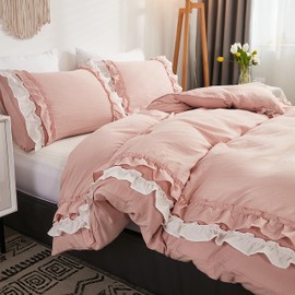 GETIYA Elegant Ruffle Bed Linen, 135 x 200 cm, Soft Microfibre Bed Linen with Double-Layered Ruffles, Women's, Girls' Bed Linen, Pink, Aesthetic Ruffle Duvet Cover, Single Bed with 1 Pillowcase 80 x