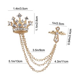 Yijunmca 2pcs Brooch Pins for Men Crystal Pin Rhinestone Lapel Pin Sweater Pin Collar Clip Vintage Shirts Suit Tie Pin Crown Tassel Chain Pin Wedding Party Costume Pin Jewelry Gift, Gold Silver