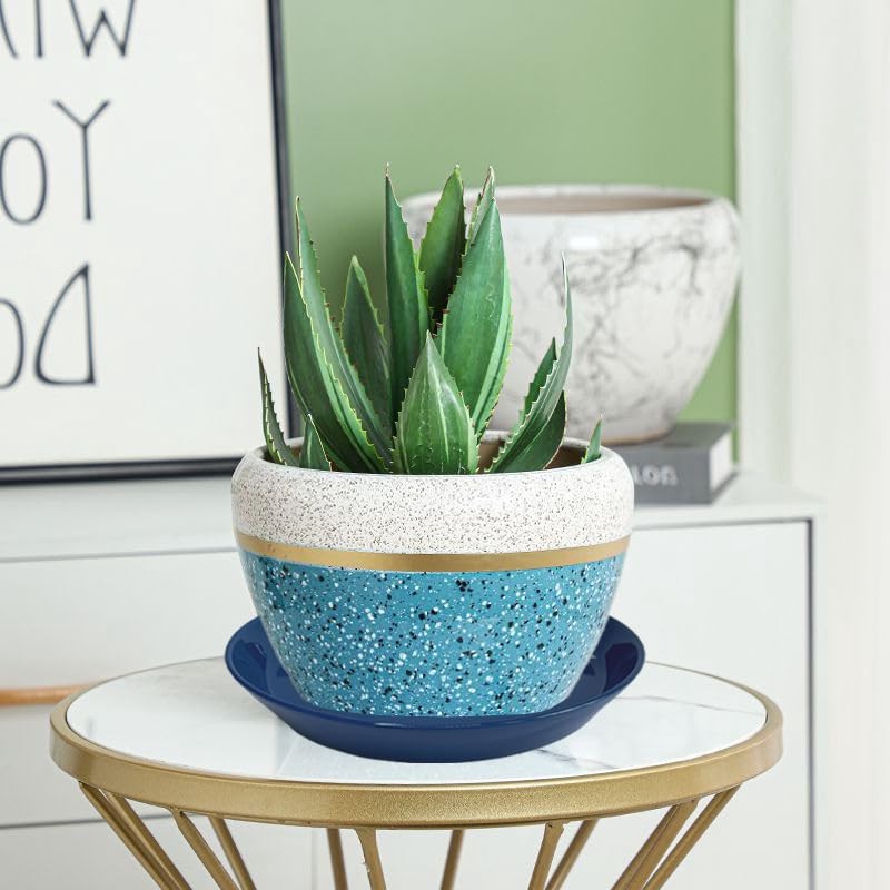 Plant Saucer Blue Ceramic Deep Pot Tray - 2 Pack