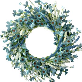 CIR OASES 20 Inch Spring Wreath Blue with Green Leaves Daisy Artificial Grains White Flower for Front Door Wreath,Farmhouse Decor Indoor&Outdoor Wedding Wall Home