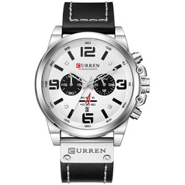 PASOY Mens Leather Strap Watch Chronograph Waterproof Analog Quartz Multifunction Military Watch (Silver White)