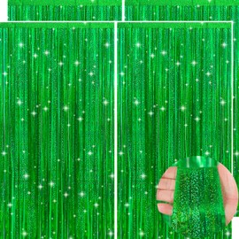 Picoway 4 Pack Green Laser Foil Fringe Tinsel Backdrop Curtains, Baby Shower Jungle Dinosaur Birthday Party Decorations, Photo Booth Props Door Streamers Curtain Christmas Decor