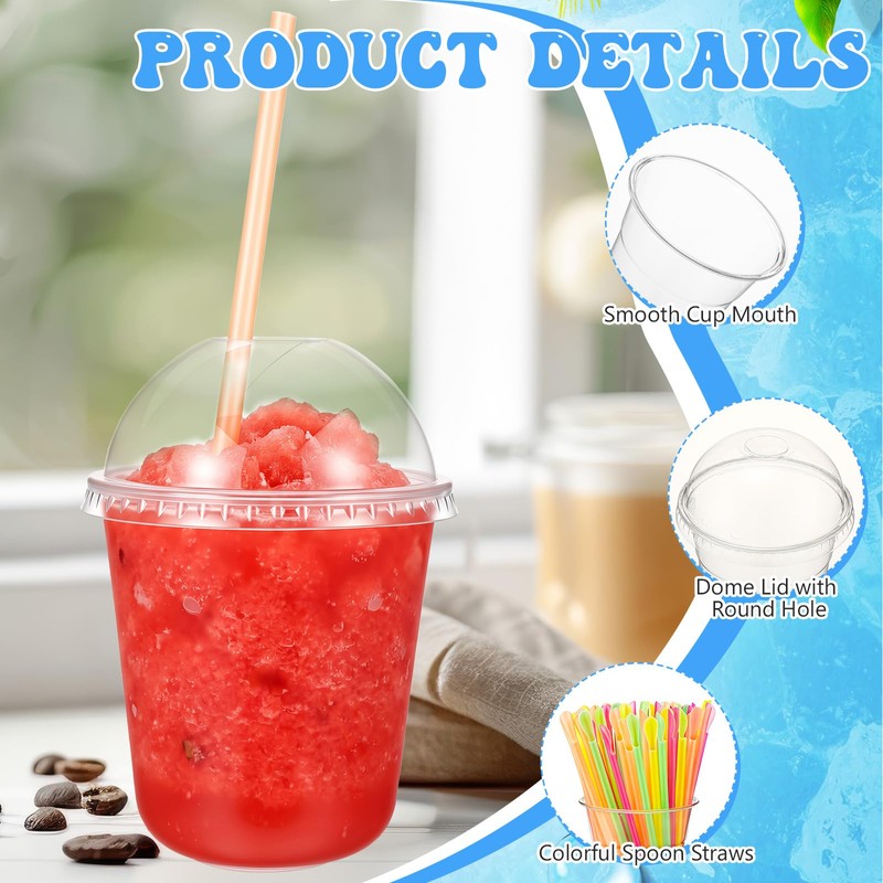 100 Sets 12 oz Clear Slushie Cups with Dome Lids