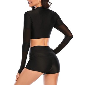 JadeRich Women's Fashion Pattern Long Sleeve Tankini Sets UPF 50+ Rash Guard Swimsuit Sun Block Swimwear Solid Black