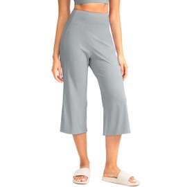 Soothfeel Capri Pants for Women Wide Leg Yoga Pants with Pockets High Waist Casual Dress Crop Pants (Bright Grey, XL)