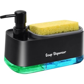 BUonline 3-in-1 Dish Soap Dispenser Set– Hand & Dish Soap Pump with Sponge Holder, Leak-Proof, BPA-Free, Easy to Use & Clean – Ideal for Kitchen Sink & Countertop (Black)