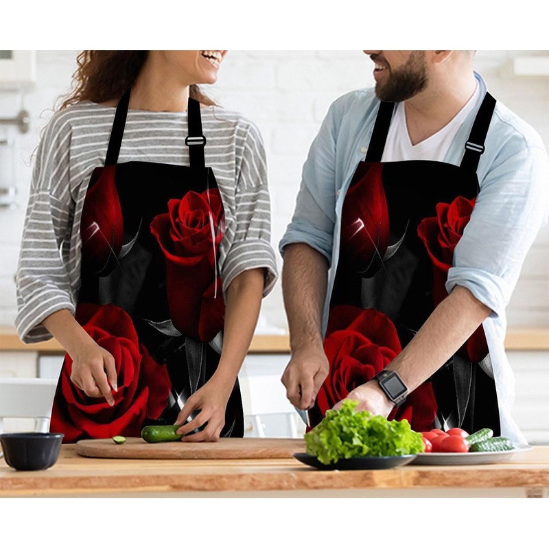 afidomu Kitchen Cooking Apron Red Rose Flower Floral Black Apron