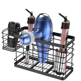 Vecallo Hair Tool Organizer - Black Steel Wall Mounted Hair Dryer Holder with Removable Basket, 10.62"L x 4.33"W x 6.69"H, Ideal for Small Bathrooms