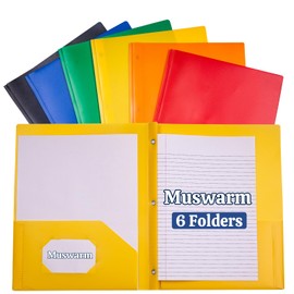 Muswarm Folders with 2 Pocket and Prongs, 6 Packs Plastic Folder Fit Letter Size Paper, Organizing File in School Office Home Business, Assorted 6 Colors